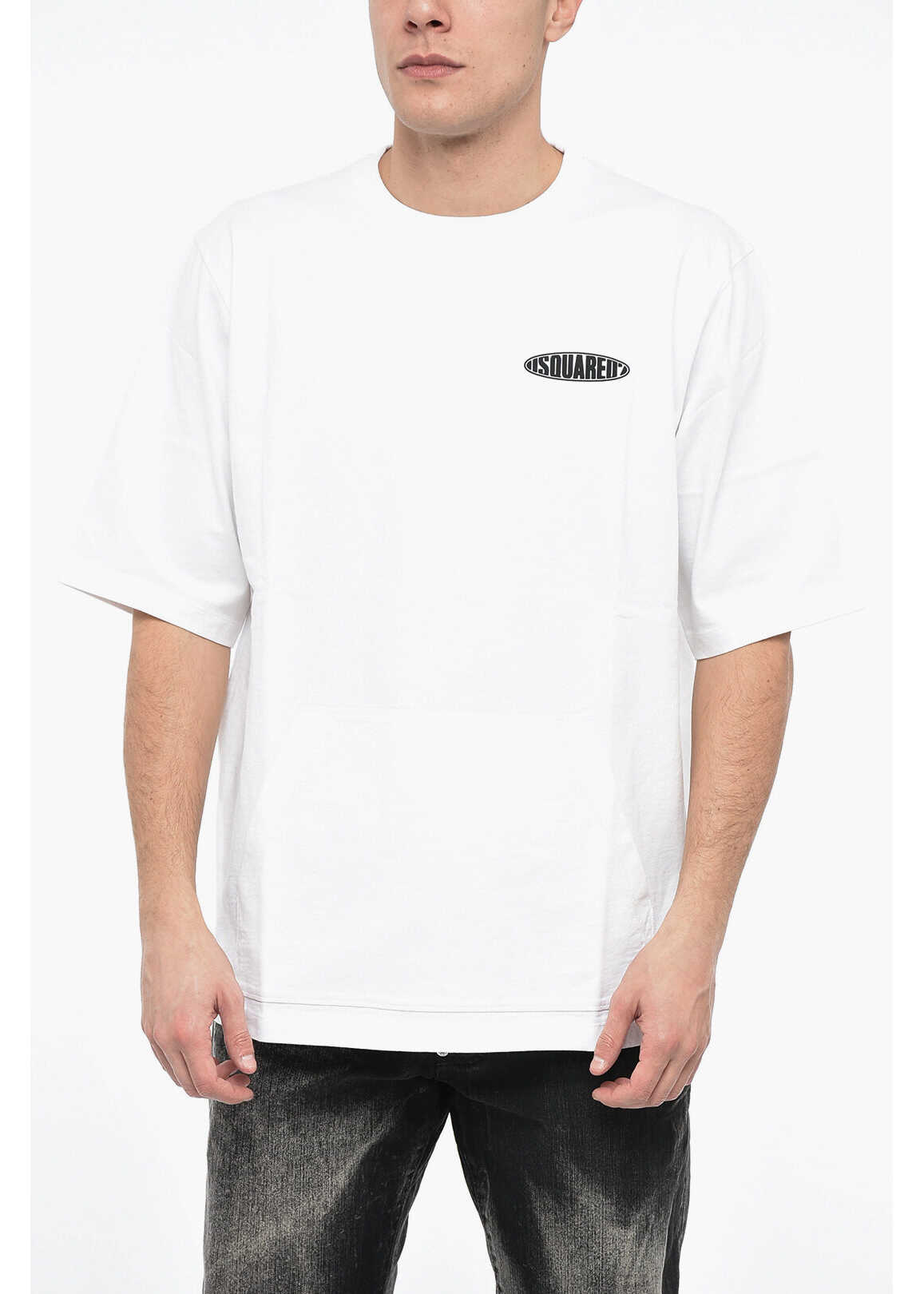DSQUARED2 Crew Neck Cotton T-Shirt With Rubberised Logo And Maxipocket White