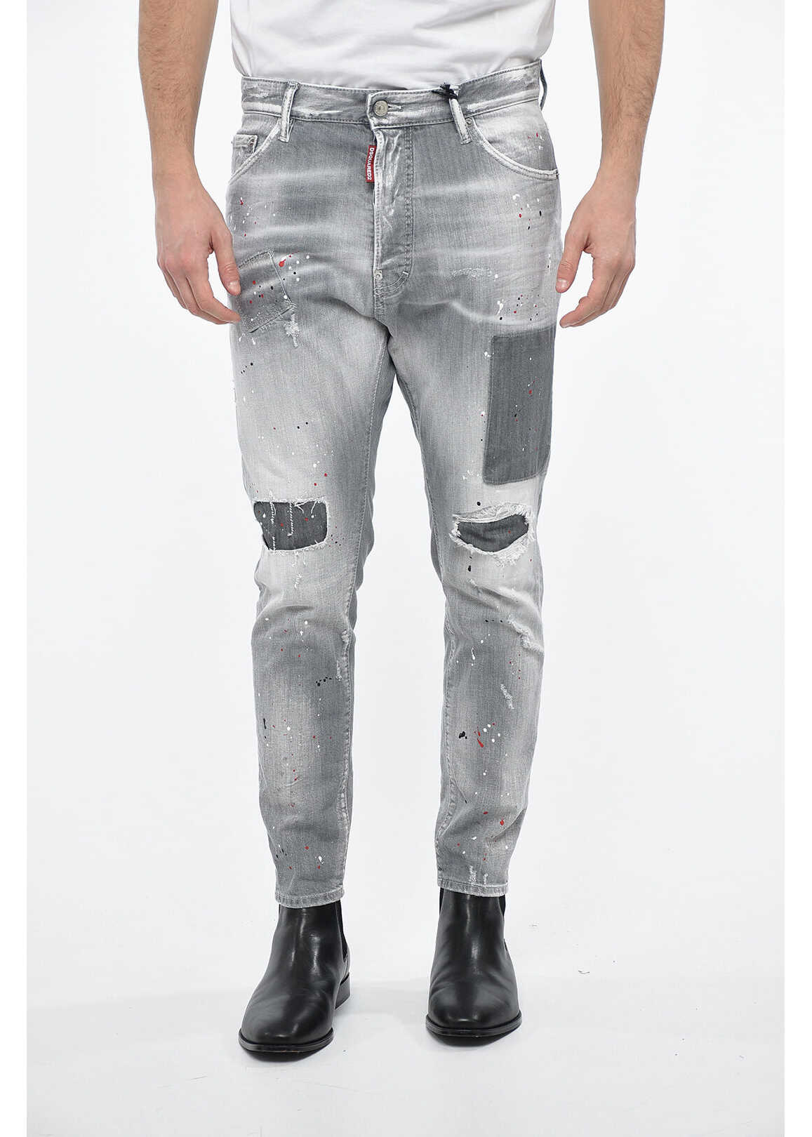 DSQUARED2 Surf & Fun Distressed Relax Long Crotch Denims With Paint Sp Gray