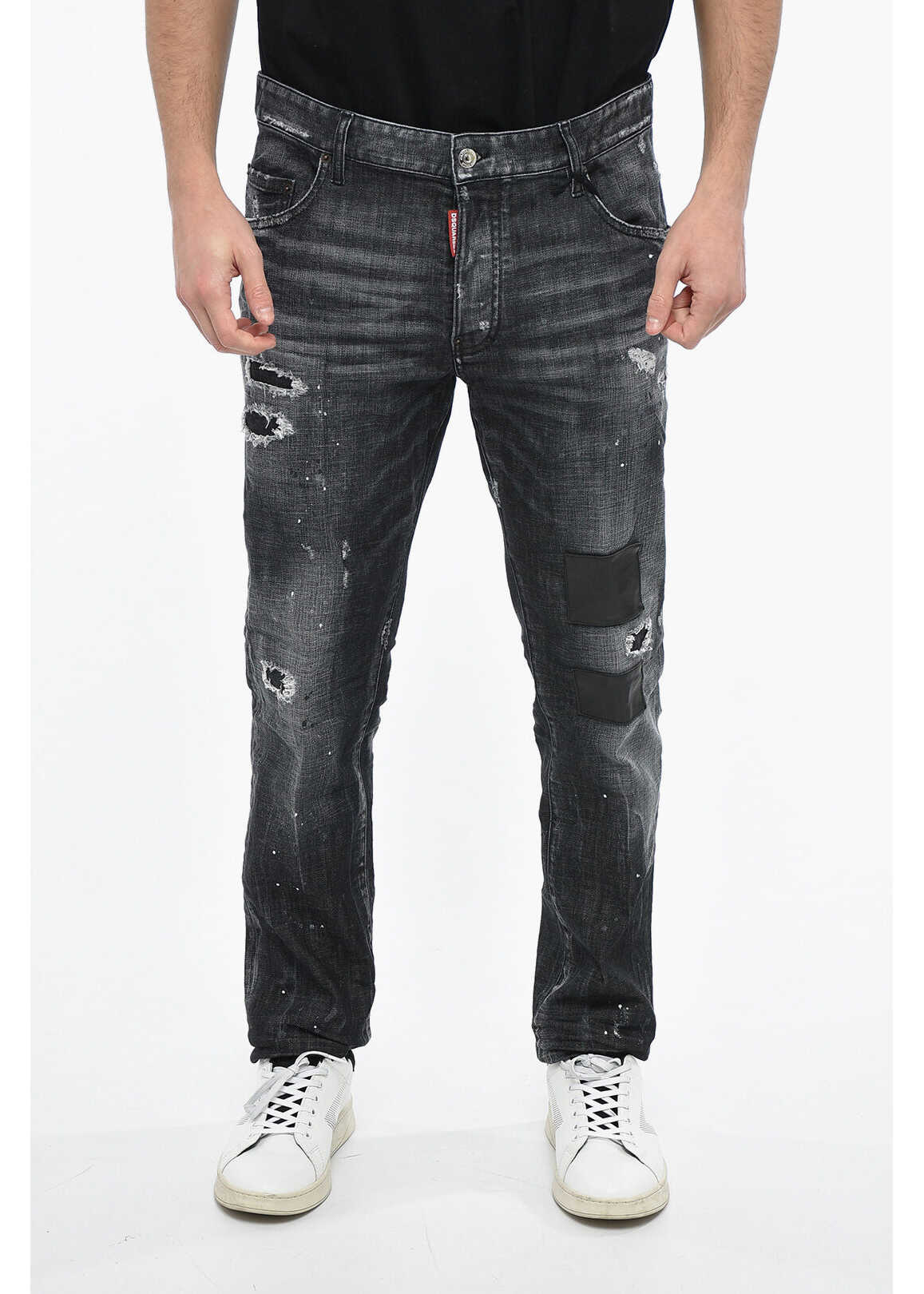 DSQUARED2 Distressed Skater Denims With Leather Patches 16Cm Black