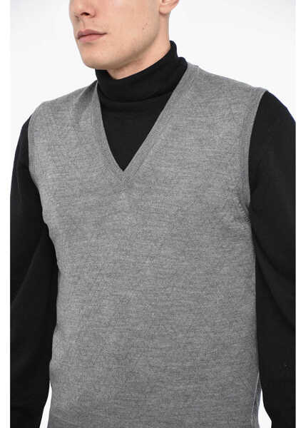 Pulovere casual CORNELIANI V Neck Jacquard Virgin Wool Vest Gray Barbati (BM 12355155) 3