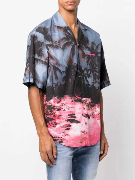 Camasi casual DSQUARED2 Sunrise Bowling Shirt With All Over Graphic Print Blue Barbati (BM 12355158) 3