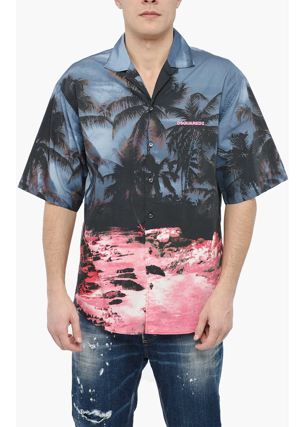 DSQUARED2 Sunrise Bowling Shirt With All Over Graphic Print Blue