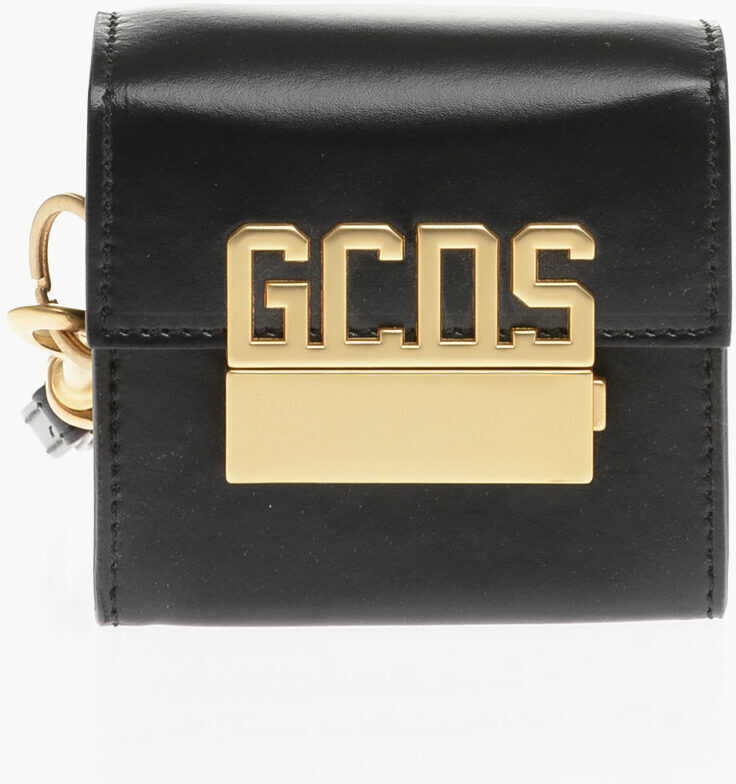 GCDS Leather Bracelet Bag With Golden Logo Black