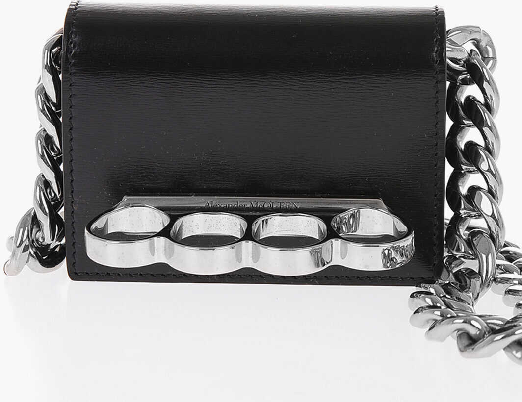 Alexander McQueen Leather Four Ring Card Holder With Chain Shoulder Strap Black