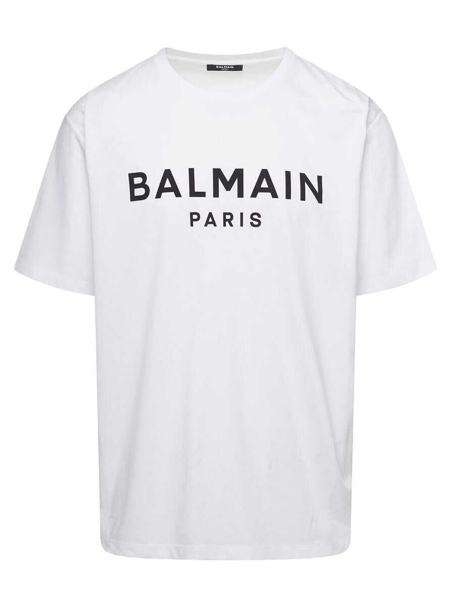 Balmain White Crewneck T-Shirt with Contrasting Logo Lettering Print in Cotton Man WHITE