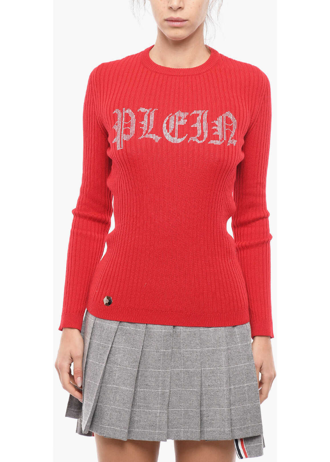 Philipp Plein Crew Neck Ribbed Wool Sweater With Crystal Logo Red