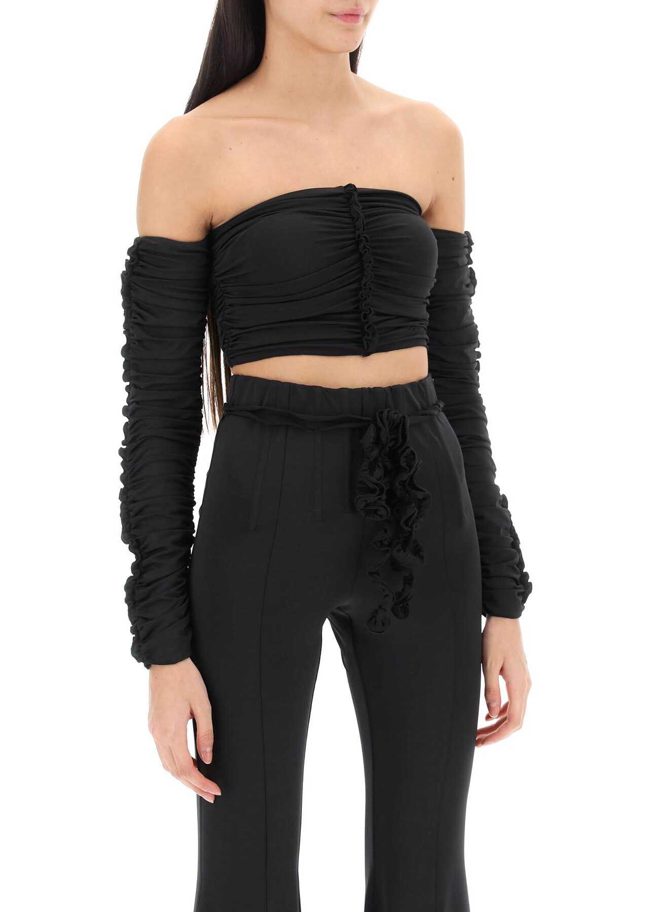 ROTATE Birger Christensen Ruched Off-Shoulder Cropped Top BLACK