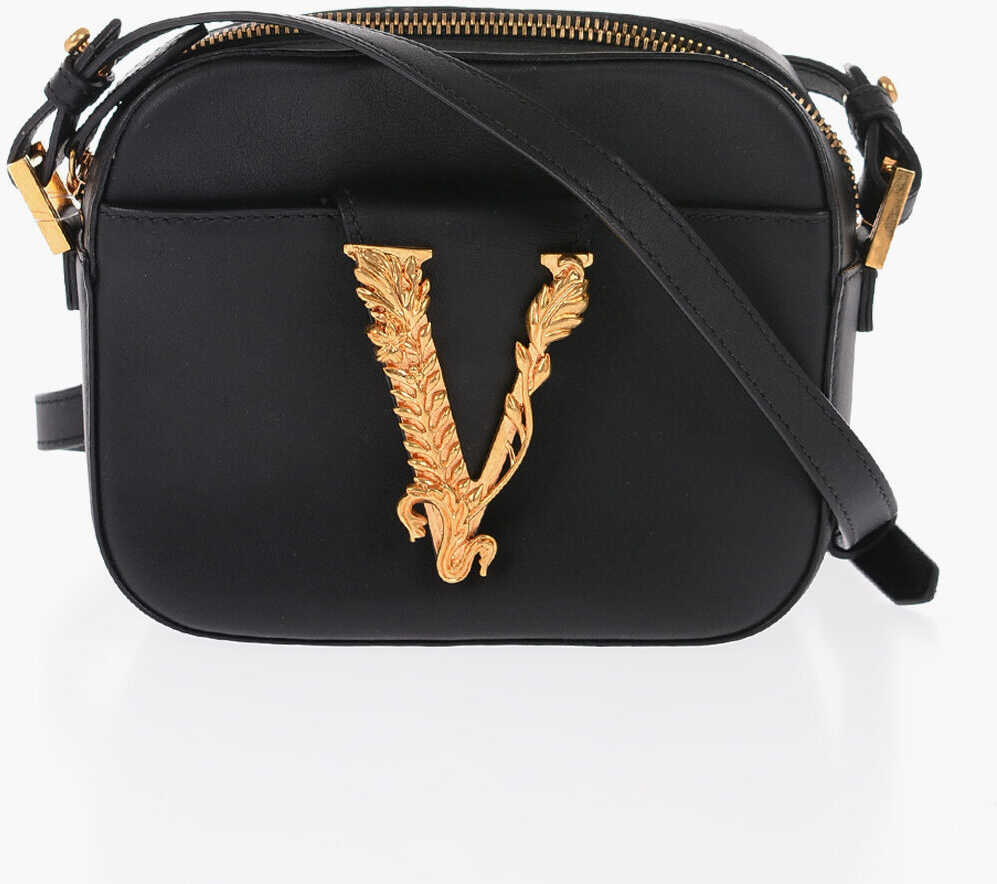 Versace Leather Virtus Crossbody Bag With Golden Buckle Black