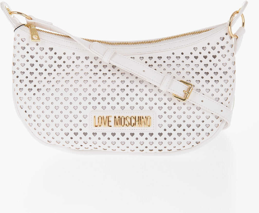 Moschino Love Perforated Faux Leather Crossbody Bag With Heart-Shaped White