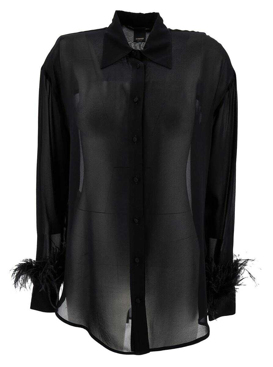 Pinko \'Circe\' Black Semi-Sheer Shirt with Feathers on Cuffs in Viscose Woman BLACK