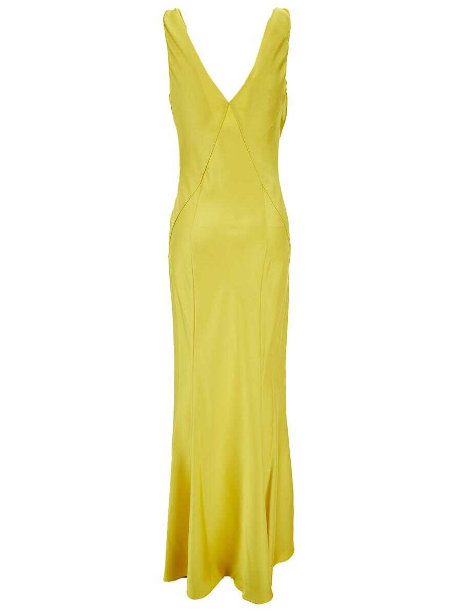 Pinko Maxi Yellow Dress with Draped V Neckline in Satin Woman YELLOW