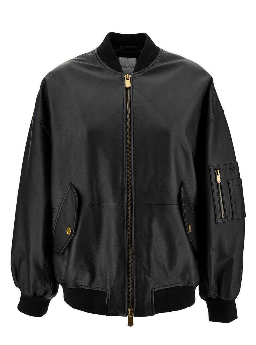 Pinko \'Monterosi\' Black Bomber Jacket with Zip in Smooth Leather Woman BLACK
