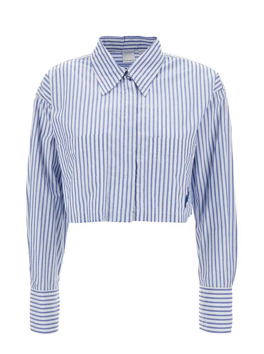 Pinko Light Blue Cropped Striped Shirt with Two Patch Pockets in Cotton Blend Woman BLU