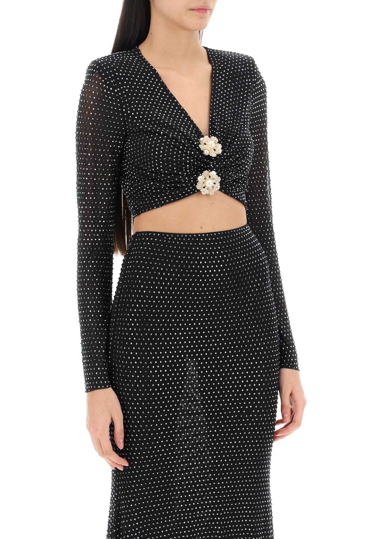 Self-Portrait Rhinestone-Studded Cropped Top With Diamanté Brooches BLACK