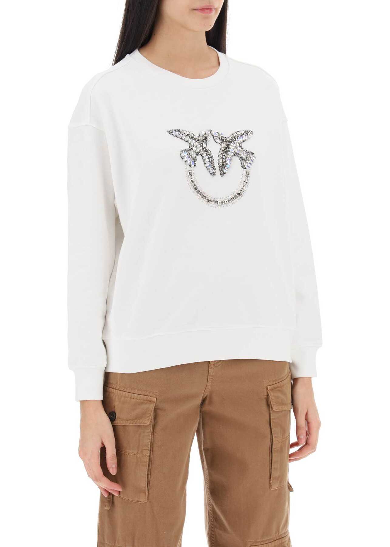 Pinko Nelly Sweatshirt With Love Birds Embroidery BIANCO NEMBO