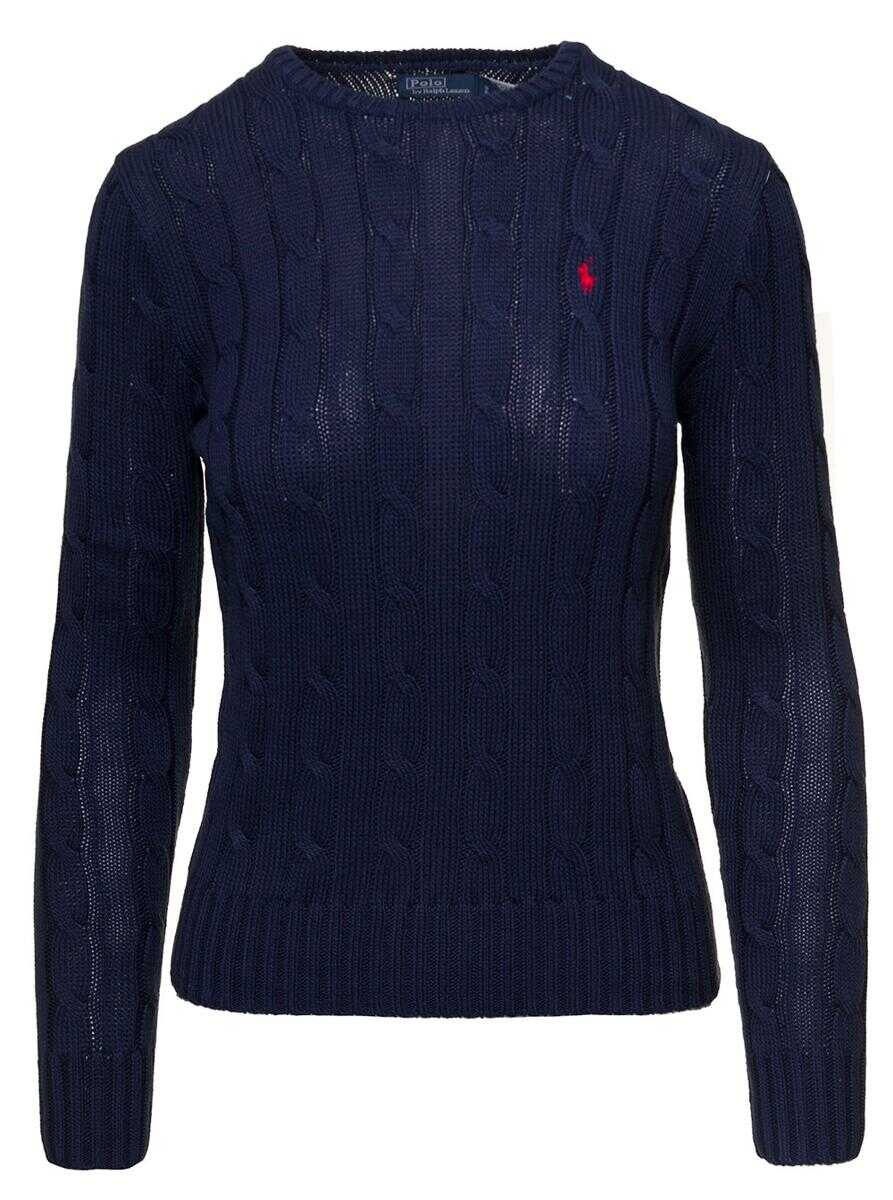 Ralph Lauren \'Juliana\' Blue Cable Knit Pullover with Contrasting Embroidered Logo in Cotton Woman BLU