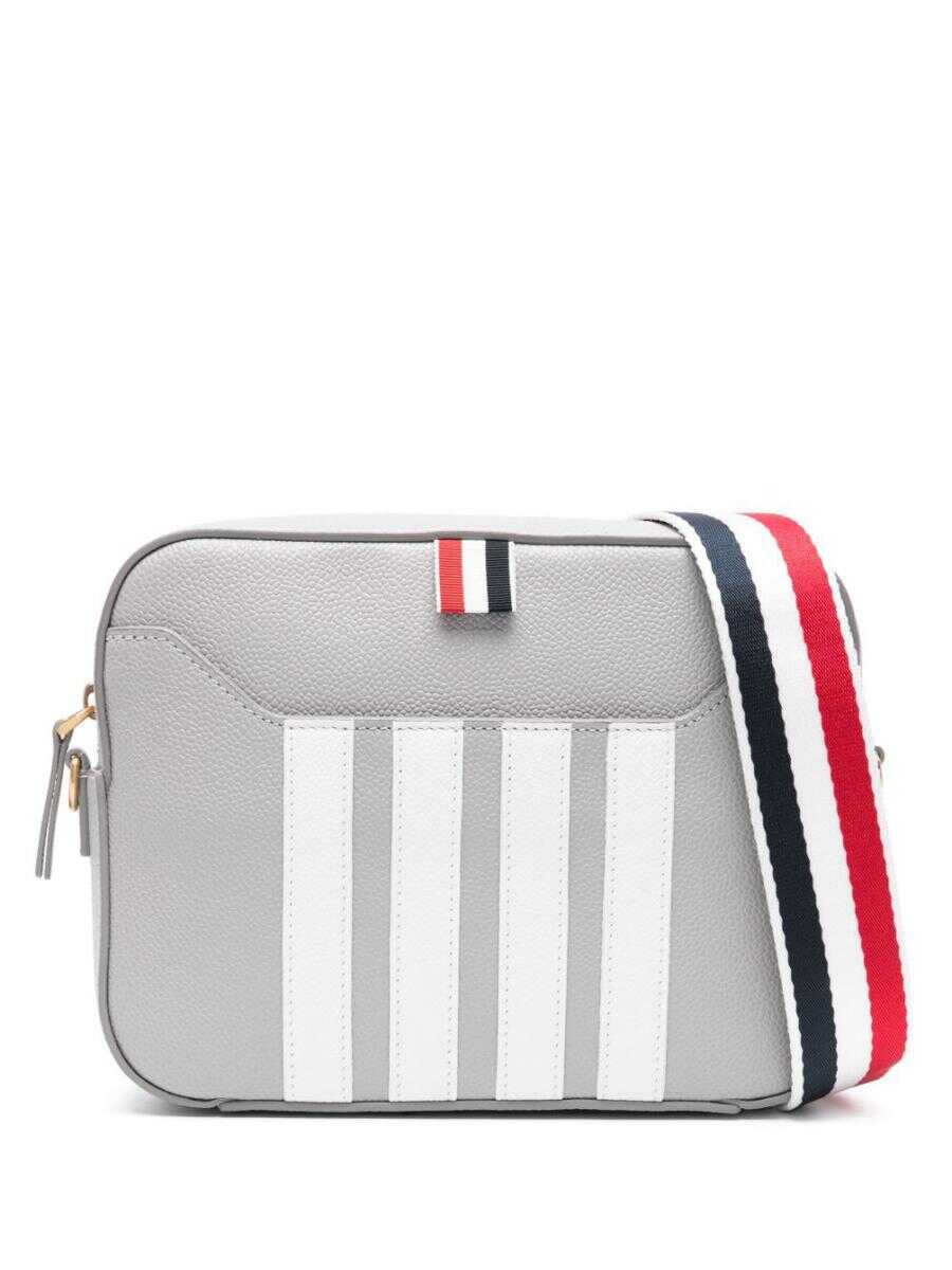 Thom Browne THOM BROWNE SMALL CAMERA BAG WITH RWB STRAP & 4 BAR STRIPES IN PEBBLE GRAIN LEATHER BAGS GREY