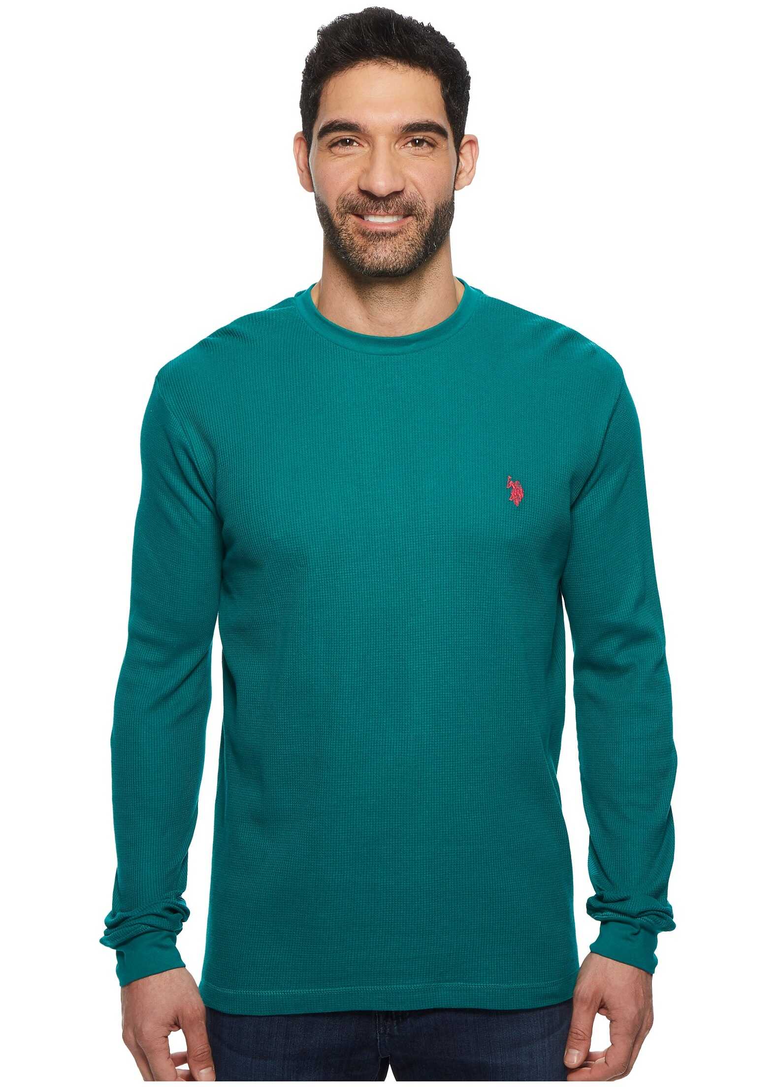 U.S. POLO ASSN. Long Sleeve Crew Neck Solid Thermal Shirt Nocturne Teal