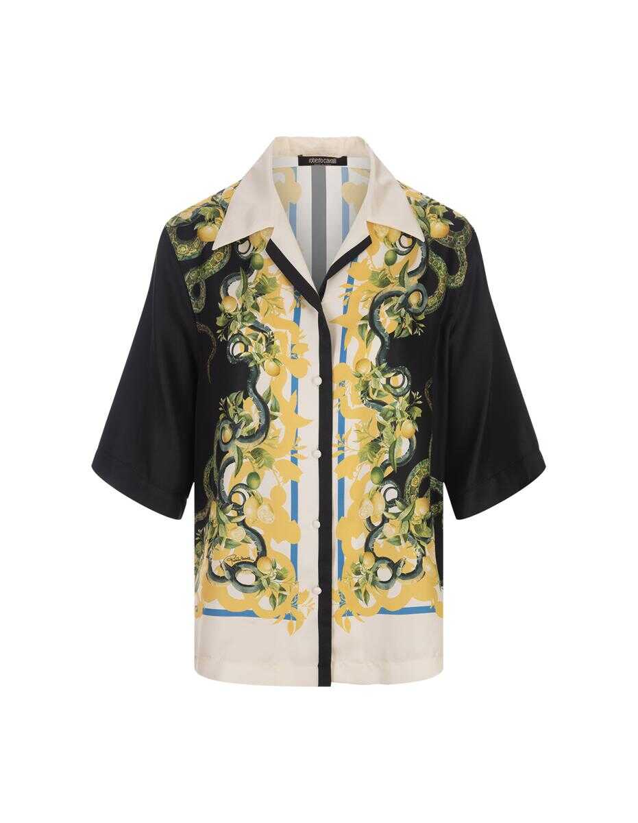 Roberto Cavalli ROBERTO CAVALLI Ivory Bowling Shirt With Snake Print BLACK