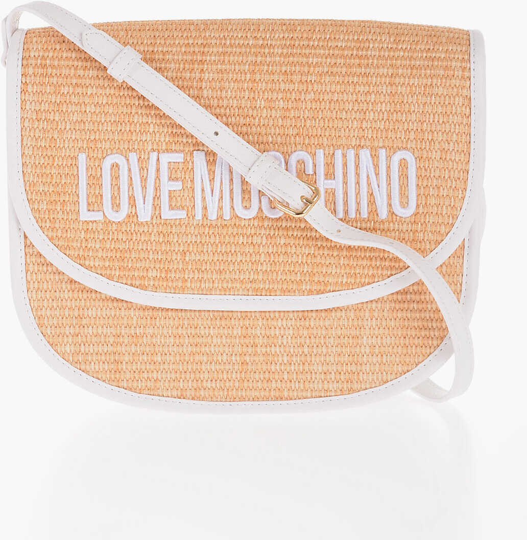 Moschino Love Rafia Shoulder Bag With Faux Leather Trim Beige