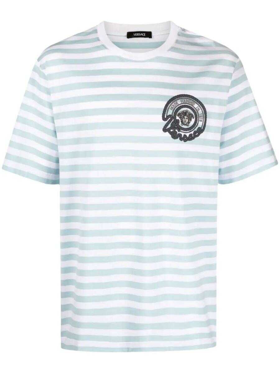 Versace VERSACE STRIPED JERSEY FABRIC T-SHIRT + EMBROIDERED NAUTICAL EMBLEM CLOTHING WHITE