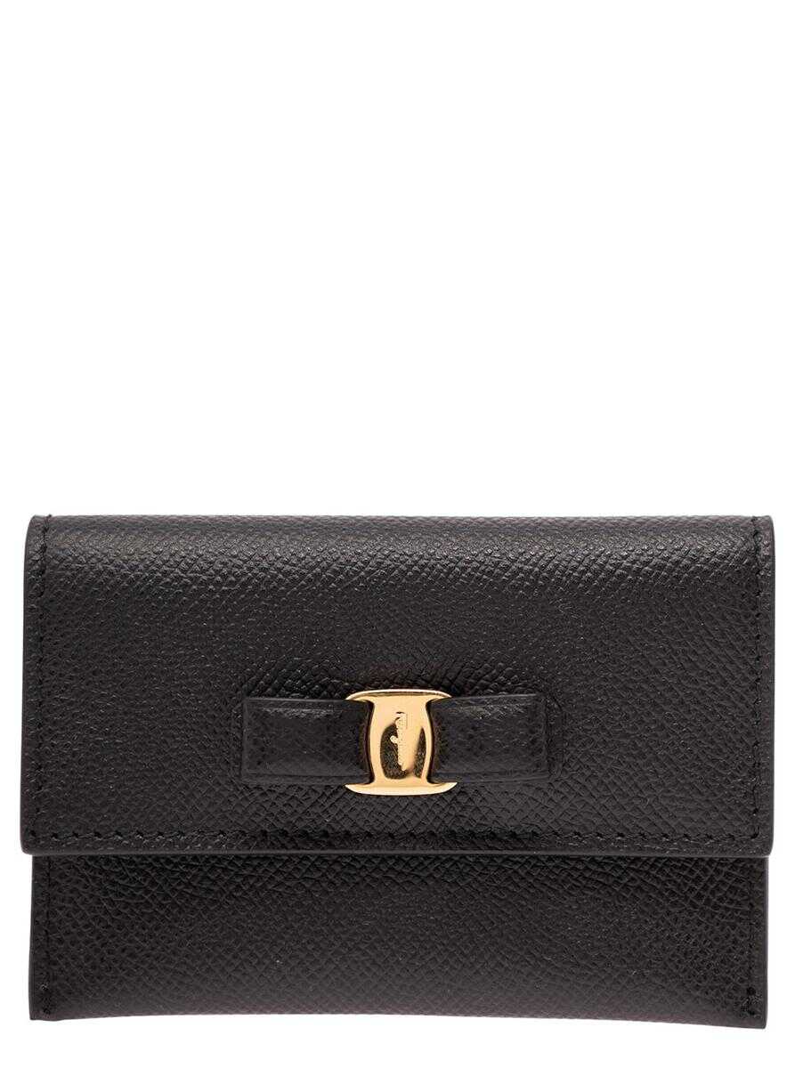 Ferragamo \'Vara\' Black Card-Holder with Engraved Logo and Vara Bow in Hammered Leather Woman BLACK