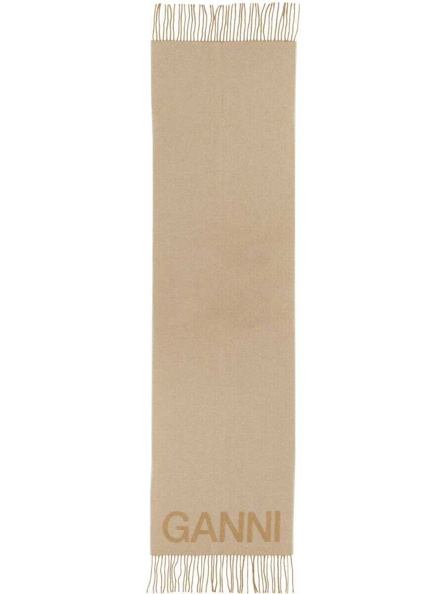 Ganni GANNI SCIARPA CON LOGO BEIGE