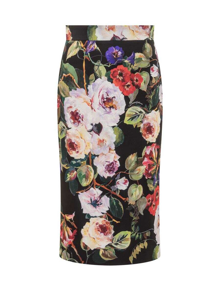 Dolce & Gabbana DOLCE & GABBANA Rose Garden Silk Charmeuse Longuette Skirt BLACK