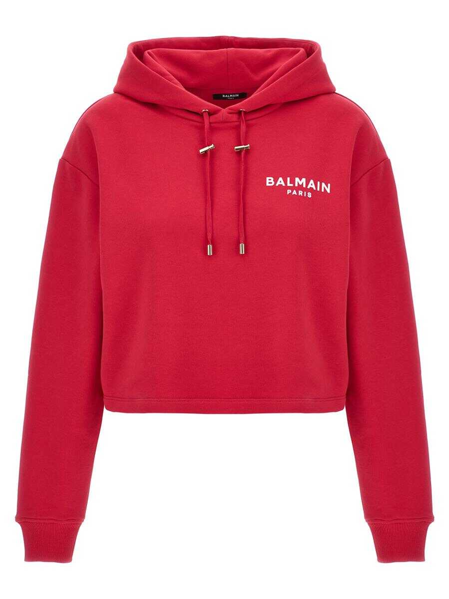 Poze Balmain BALMAIN Flocked logo cropped hoodie FUCHSIA b-mall.ro 