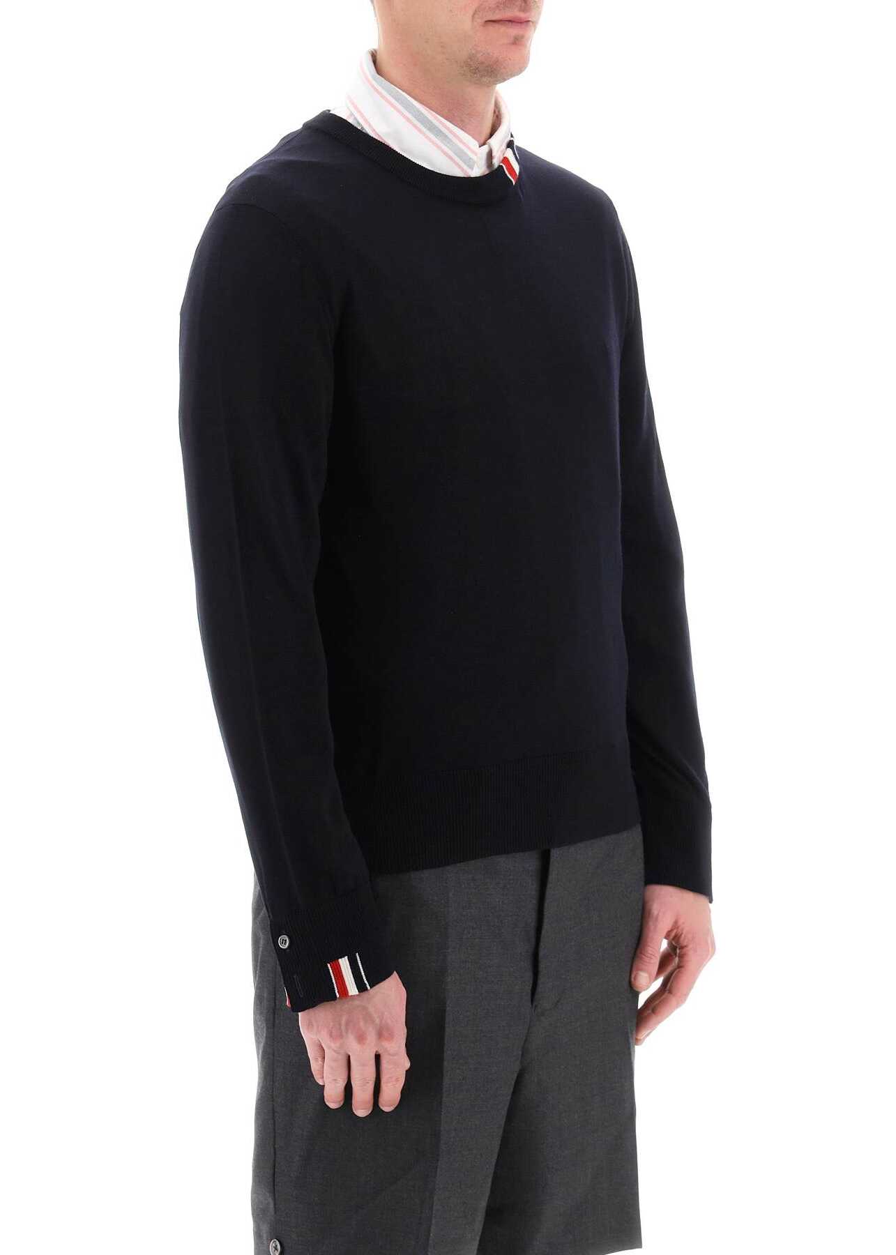 Thom Browne Fine Merino Wool Sweater With Rwb Detail NAVY