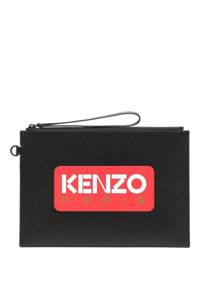 KENZO Black Clutch Bag with Printed Logo in Leather BLACK