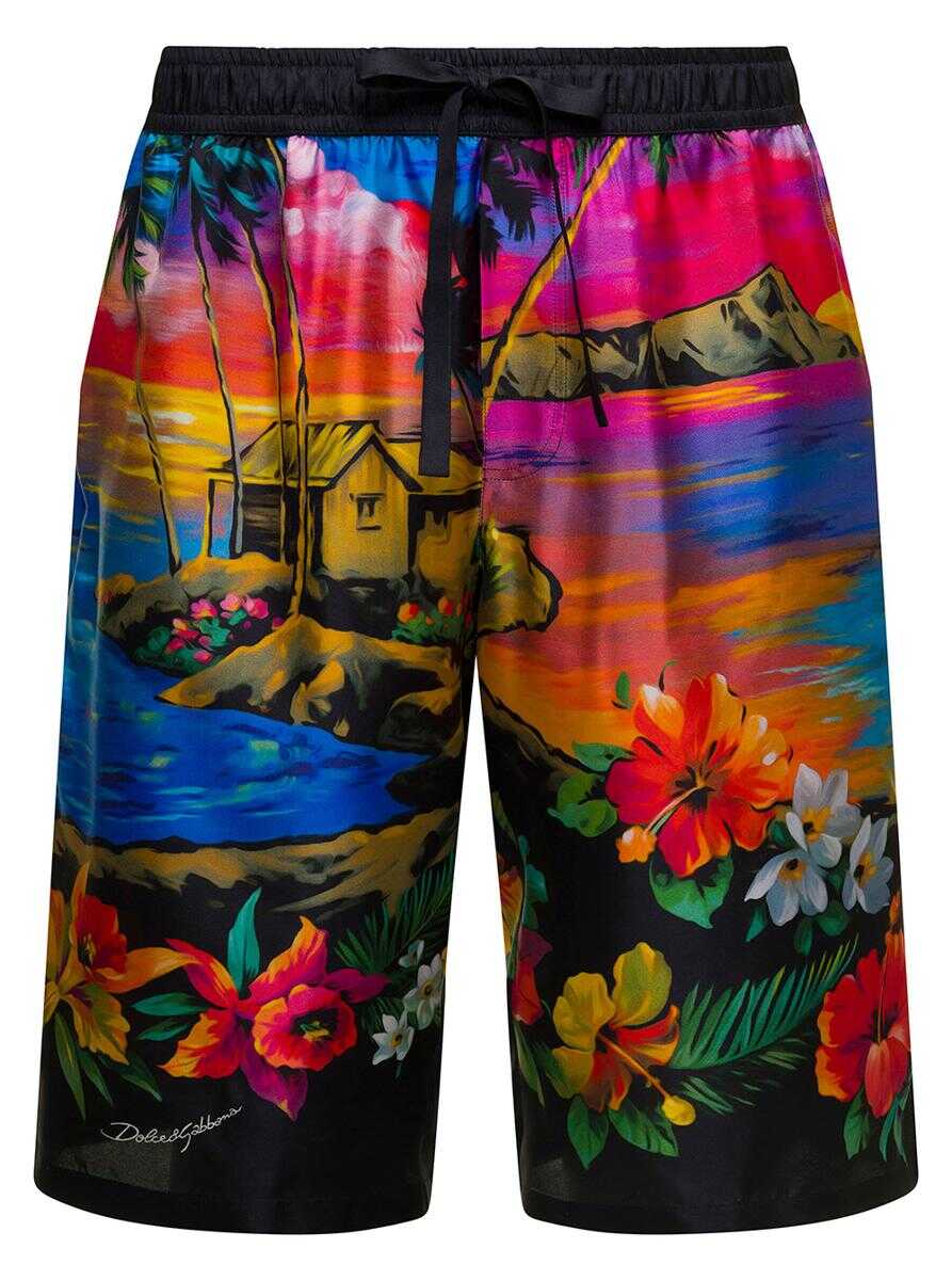 Dolce & Gabbana Multicolor Bermuda Shorts with All-Over Hawaiian Print and Drawstrig in Silk Man MULTICOLOR