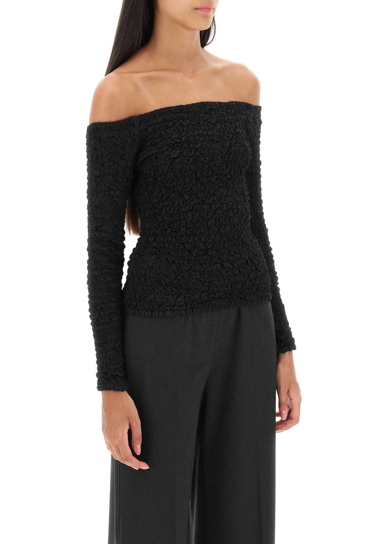 Ganni Smocked Long-Sleeved Top BLACK