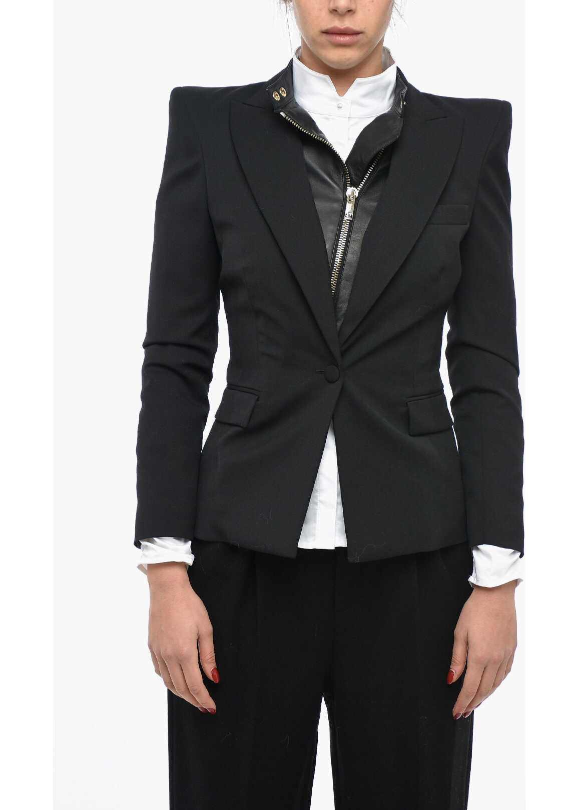 Les Hommes Single Breasted Blazer With Leather Chest-Piece Black