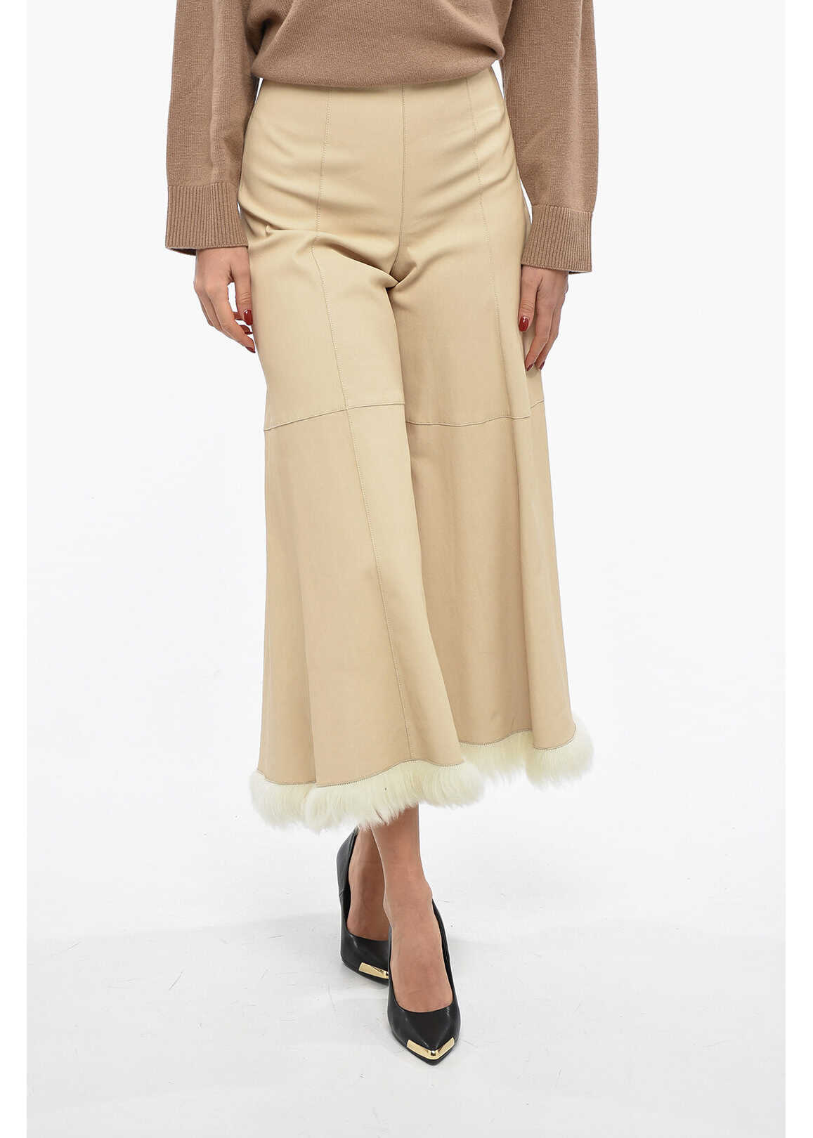 BY MALENE BIRGER Leather Muriell Cut-Out Pants With Fur On The Hem Brown