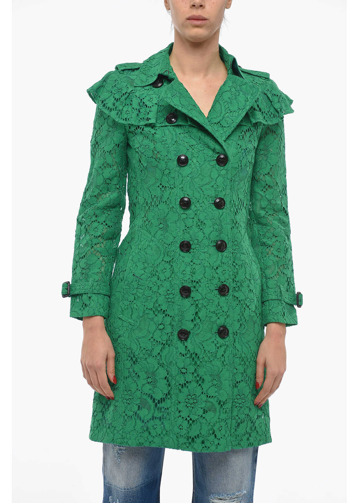 Burberry Double Breasted Lace Coat With Ruffles Green