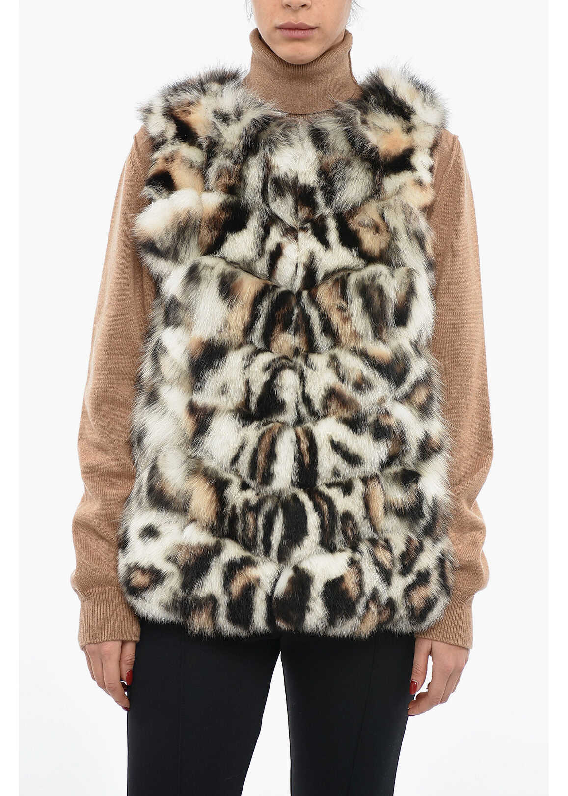 FRAME Sleeveless Fox Fur Coat With Animal Motif Beige