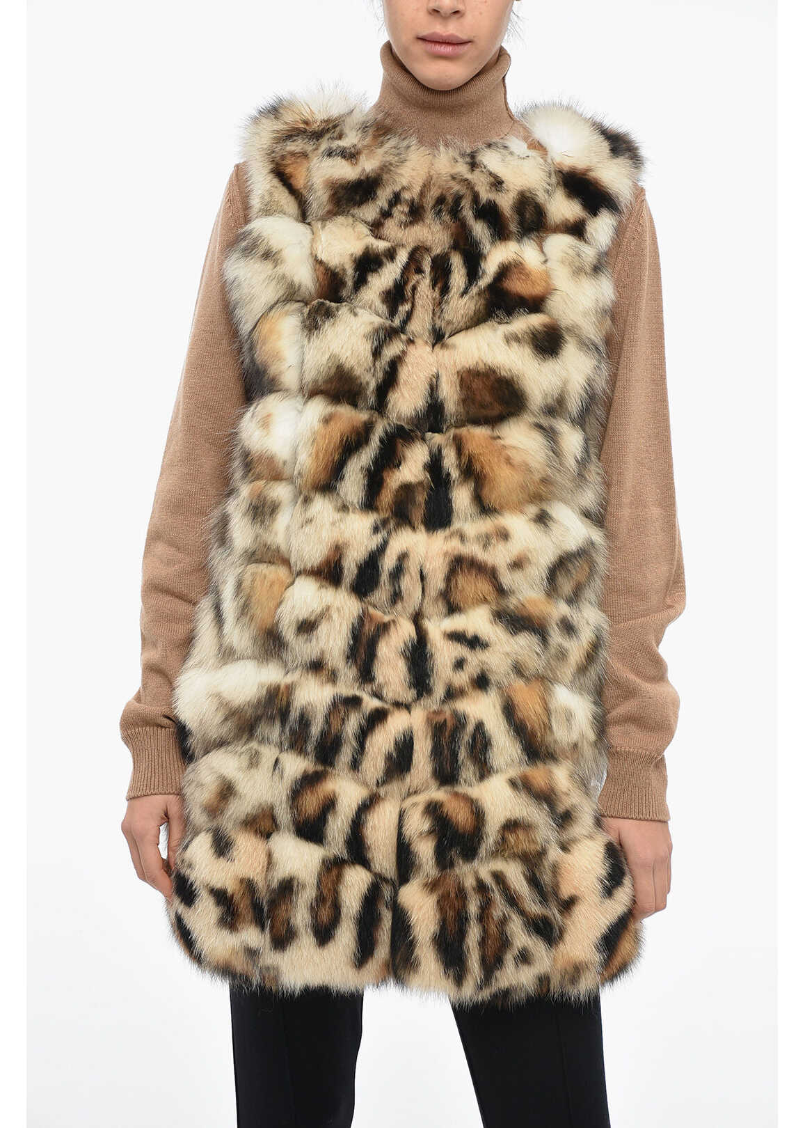 FRAME Sleeveless Fox Fur Coat With Animal Motif Brown