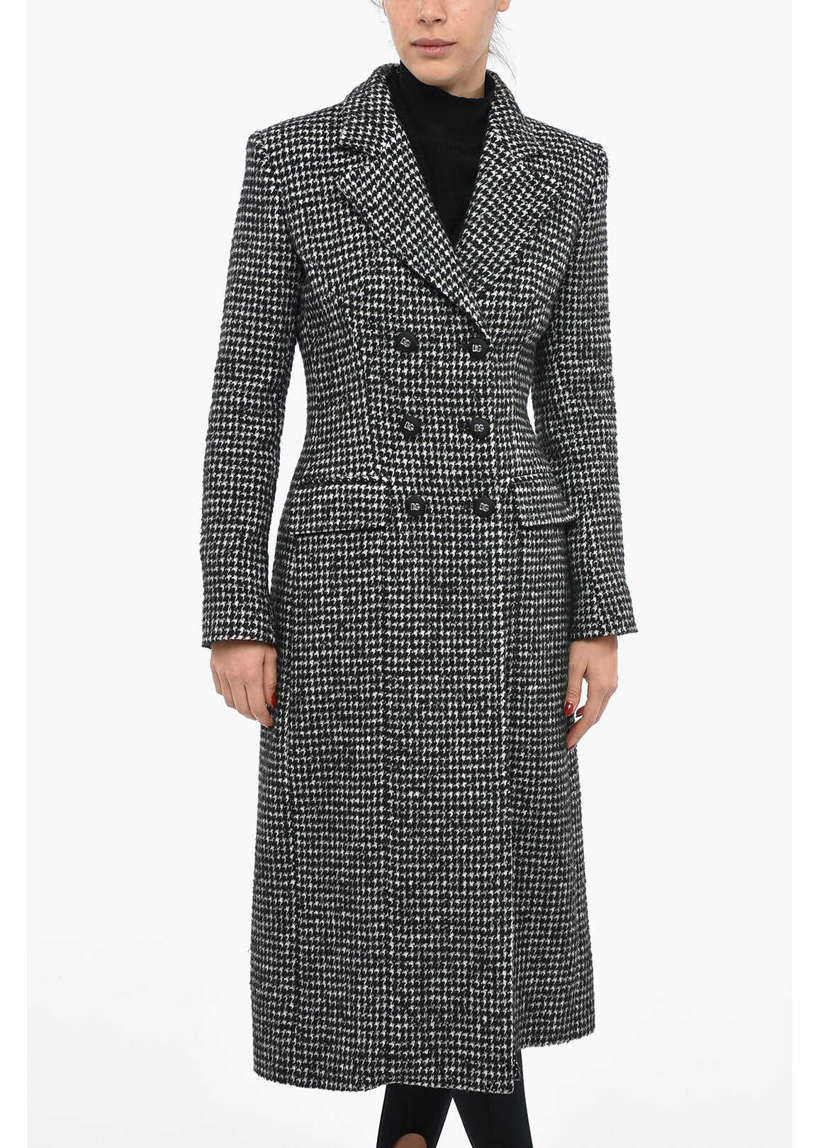 Dolce & Gabbana Houndstooth Patterned Slim Fit Coat With Logoed Buttons Gray