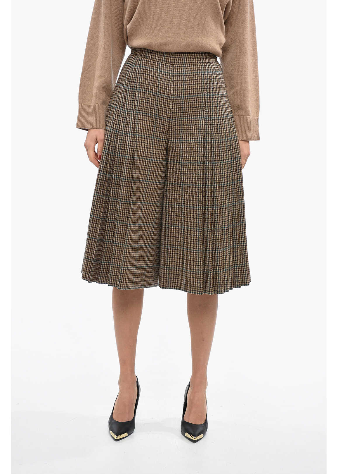 Céline Pleated Houndstooth Gaucho Pants Brown