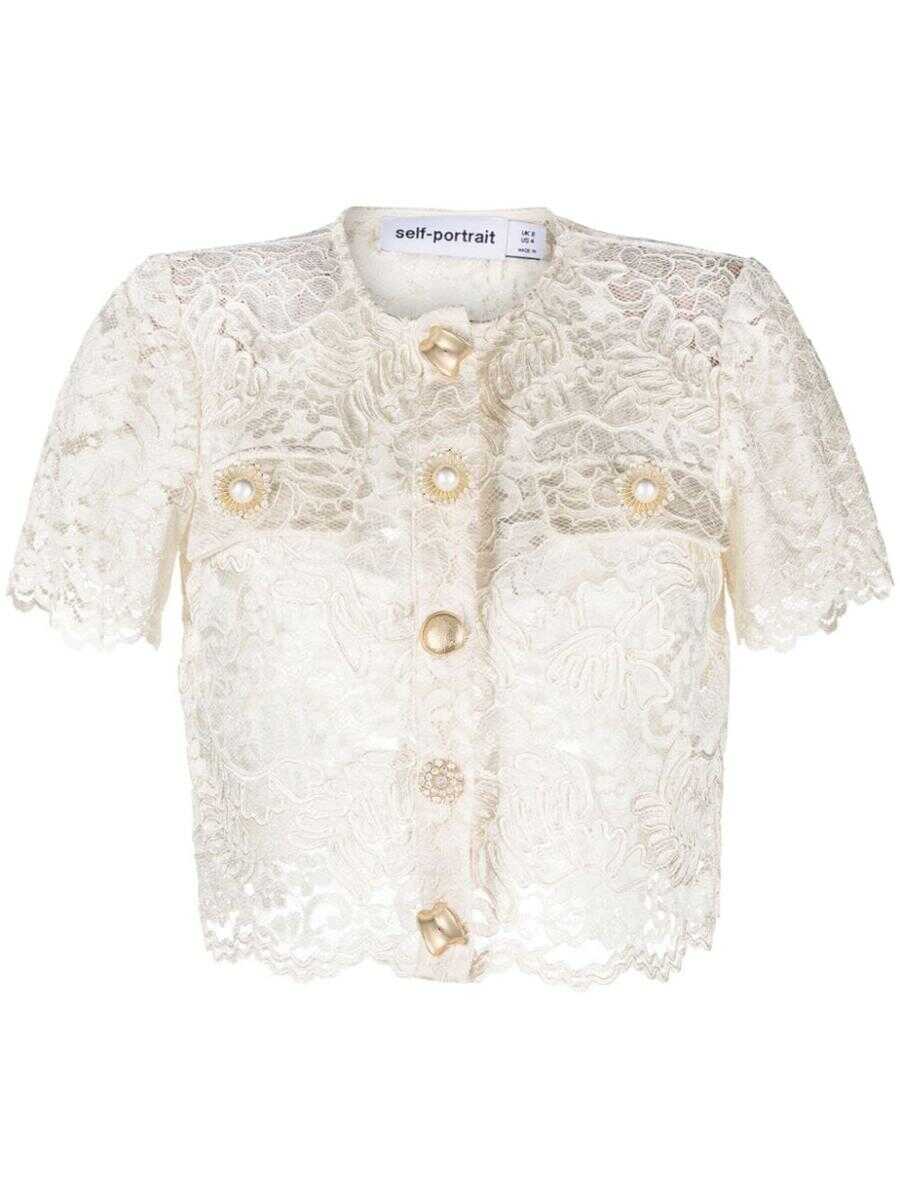 Self-Portrait SELF-PORTRAIT CORDED LACE TOP WITH DECORATED BUTTONS NUDE & NEUTRALS