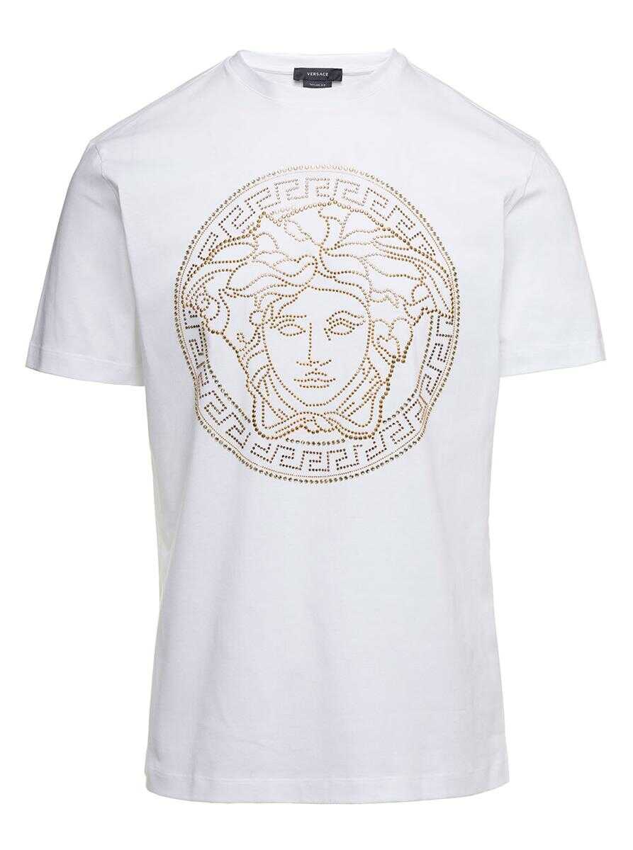 Versace White Crewneck T-Shirt with Studded Medusa in Cotton Man WHITE