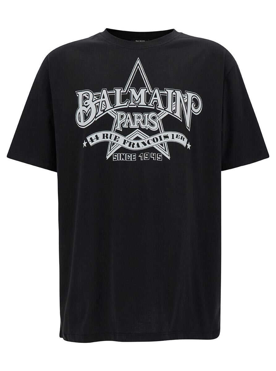 Balmain Black T-Shirt with Star Graphic Print in Cotton Man BLACK