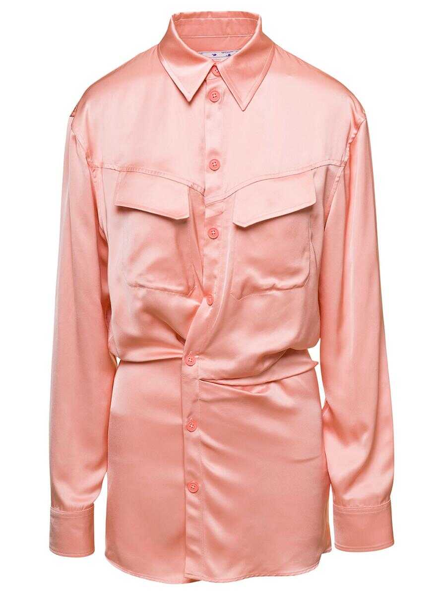 Off-White Mini Pink Asymmetric Shirt Dress in Satin Viscose Woman PINK