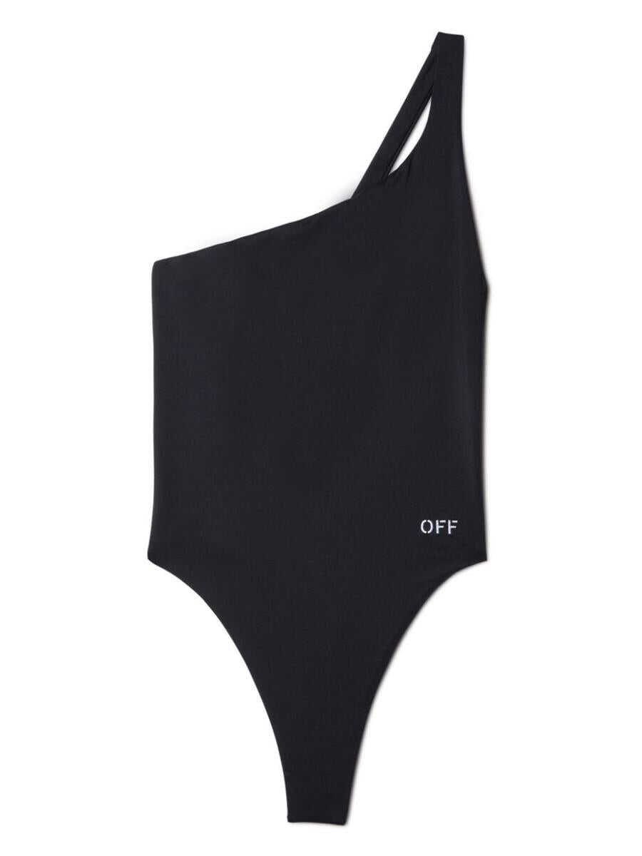 Off-White OFF-WHITE logo-print one-shoulder swimsuit BLACK WHITE