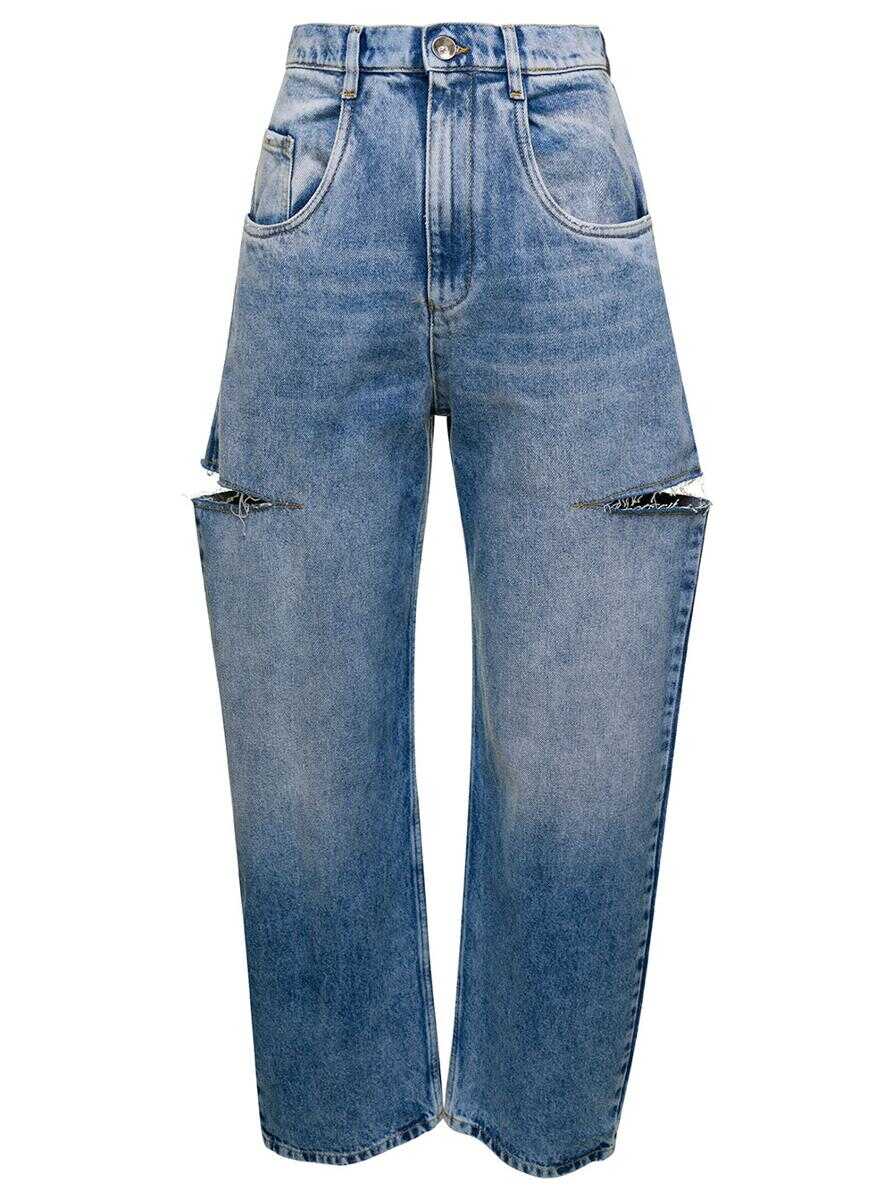 Poze Maison Margiela Light Blue Denim Distressed Straight Leg Jeans with Cut-Out in Cotton Woman BLU b-mall.ro 