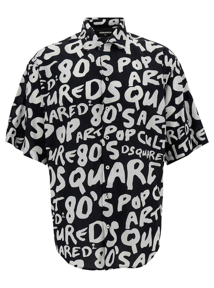 DSQUARED2 Black Short Sleeve Shirt with Graffiti Logo Print in Cotton Man BLACK