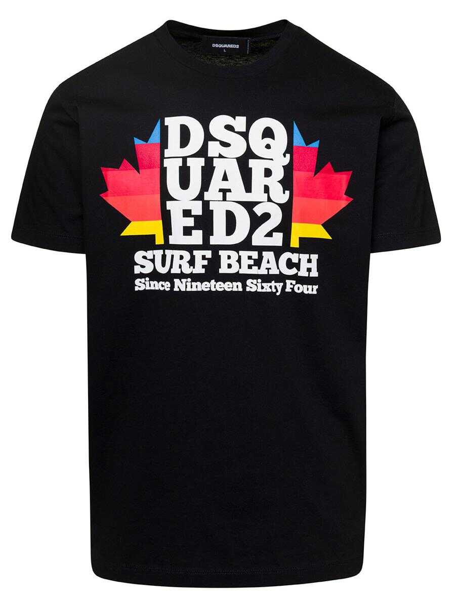 DSQUARED2 Black Crewneck T-Shirt with D2 Surf Beach Logo on the Chest in Cotton Man BLACK