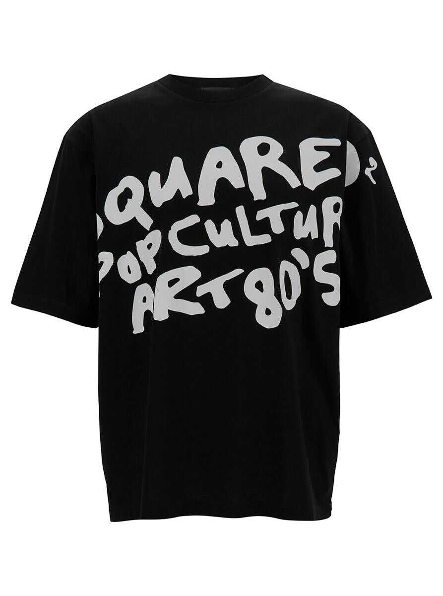 DSQUARED2 Black Crewneck T-Shirt with \'80s Contrasting Logo Print in Cotton Man BLACK