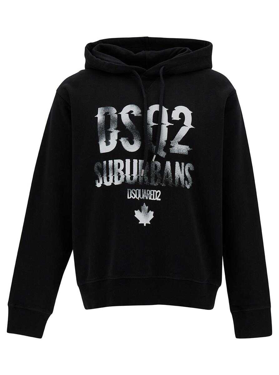 DSQUARED2 Black Hoodie with Logo Print in Cotton Man BLACK